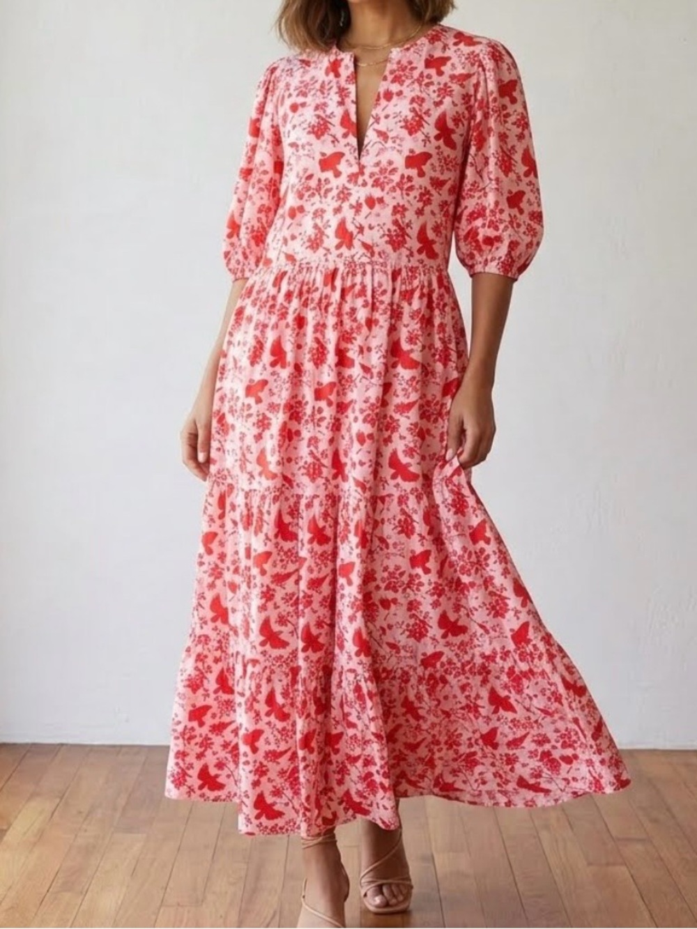 Victoria Dunn Ol' Village Songbird Maxi Dress Pink Red Bird Block Print S NWT